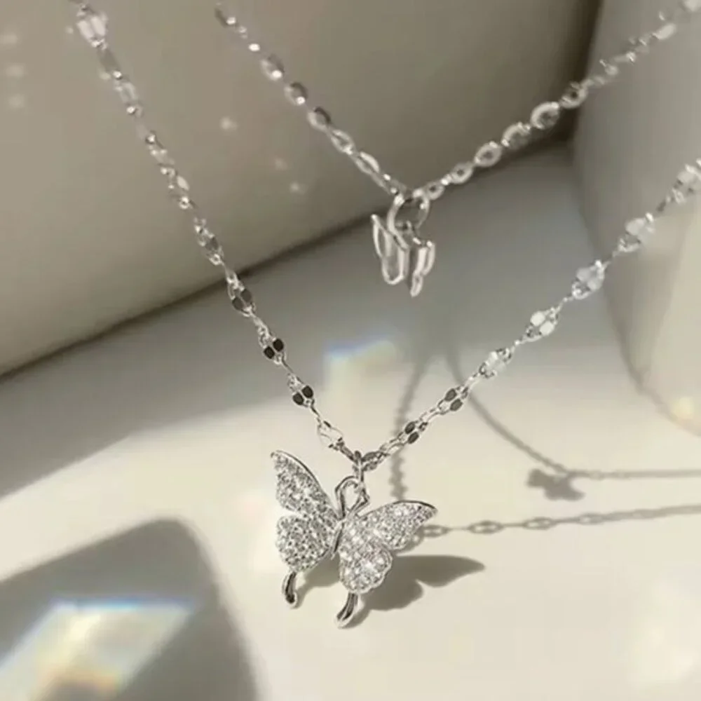 Stainless Steel Silver Double Layered Butterfly Necklace - Picture 5 of 5